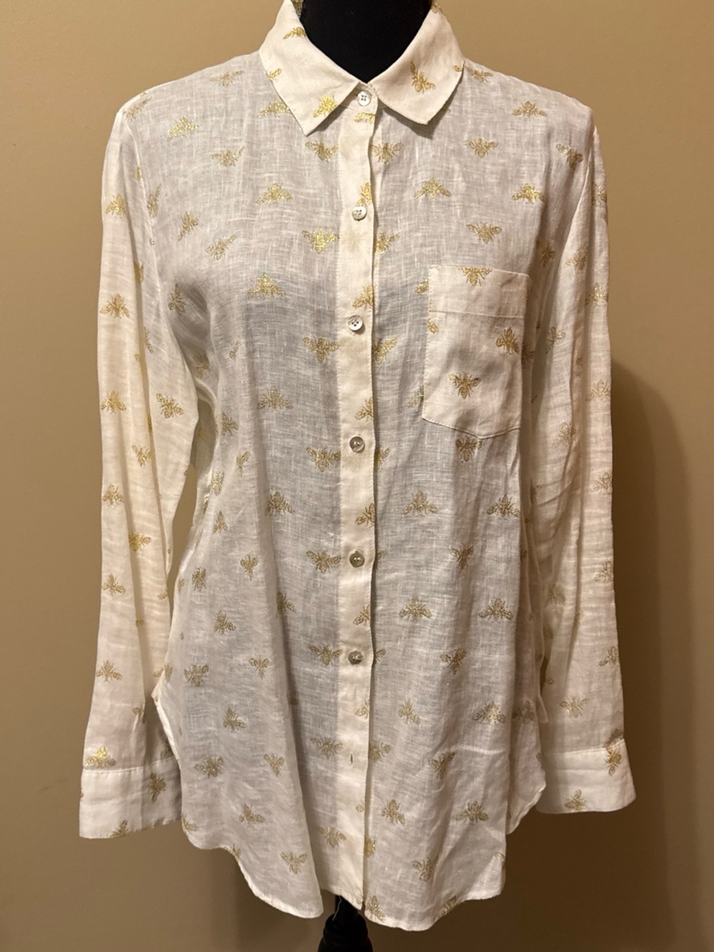 Magaschoni White Button-Down Shirt with Gold Bee Motif